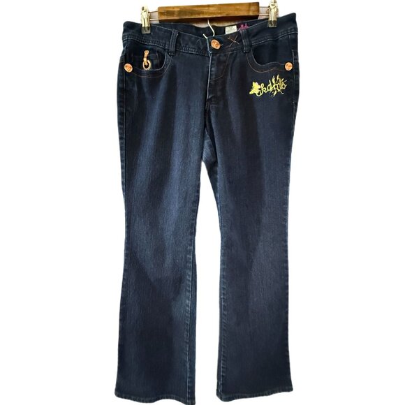 Akademiks Women’s Size 30 Dark Denim Flare Jeans Colorful Embroidery Studs - Picture 1 of 8